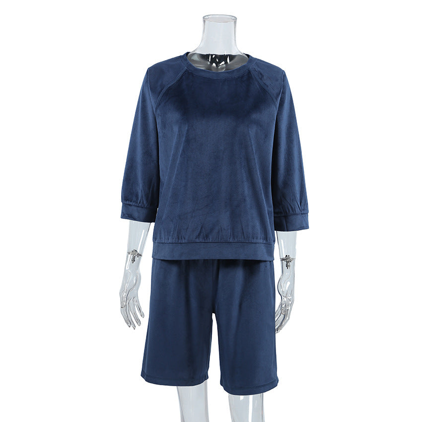 Blue Velvet Warm Three-quarter Sleeve Shorts Two-piece Set For Women - Chic Angle